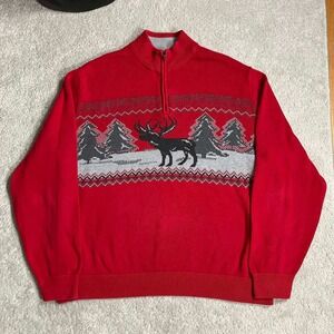 Chaps Mens Red Moose Fair Isle Christmas 1/4 Zip Cotton Sweater XXL